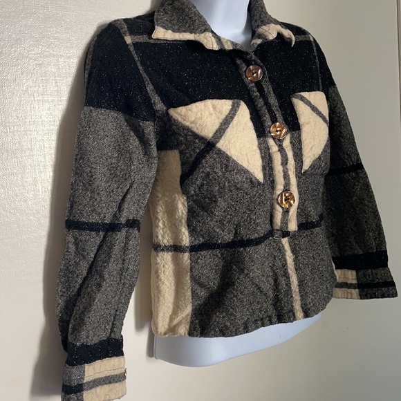 Donna Mizar wool cropped plaid 3/4 sleeve 3/4 button down front pockets top 40 - Picture 4 of 8